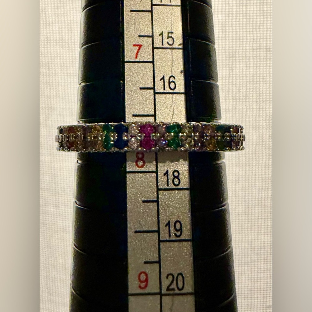 Ring - size 7.75 -New - dainty multi-color rhinestones silver tone band. - Picture 9 of 9